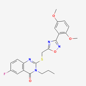 molecular formula C22H21FN4O4S B2717611 2-(((3-(2,5-dimethoxyphenyl)-1,2,4-oxadiazol-5-yl)methyl)thio)-6-fluoro-3-propylquinazolin-4(3H)-one CAS No. 2319876-54-3