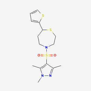 molecular formula C15H21N3O2S3 B2717623 7-(thiophen-2-yl)-4-((1,3,5-trimethyl-1H-pyrazol-4-yl)sulfonyl)-1,4-thiazepane CAS No. 1705247-58-0