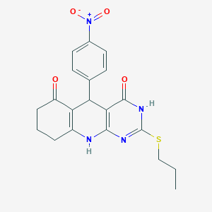 molecular formula C20H20N4O4S B2717658 5-(4-硝基苯基)-2-(丙基硫代)-5,8,9,10-四氢嘧啶并[4,5-b]喹啉-4,6(3H,7H)-二酮 CAS No. 627046-85-9