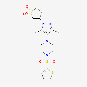 molecular formula C17H24N4O4S3 B2717680 3-(3,5-dimethyl-4-(4-(thiophen-2-ylsulfonyl)piperazin-1-yl)-1H-pyrazol-1-yl)tetrahydrothiophene 1,1-dioxide CAS No. 1251632-57-1