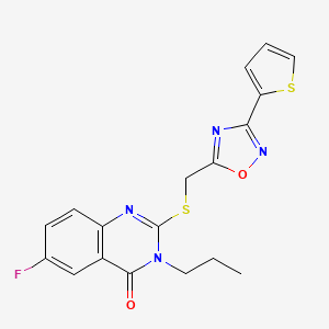 molecular formula C18H15FN4O2S2 B2717709 6-fluoro-3-propyl-2-(((3-(thiophen-2-yl)-1,2,4-oxadiazol-5-yl)methyl)thio)quinazolin-4(3H)-one CAS No. 2320723-58-6