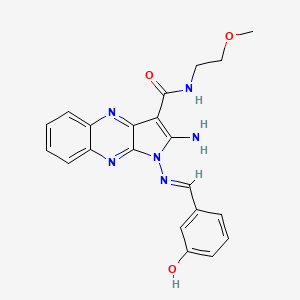 molecular formula C21H20N6O3 B2717732 (E)-2-amino-1-((3-hydroxybenzylidene)amino)-N-(2-methoxyethyl)-1H-pyrrolo[2,3-b]quinoxaline-3-carboxamide CAS No. 836630-67-2