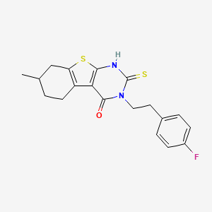 molecular formula C19H19FN2OS2 B2717734 3-[2-(4-Fluoro-phenyl)-ethyl]-2-mercapto-7-methyl-5,6,7,8-tetrahydro-3H-benzo[4,5]thieno[2,3-d]pyrimidin-4-one CAS No. 565179-71-7