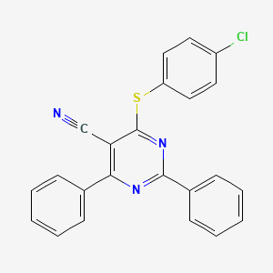 molecular formula C23H14ClN3S B2717790 4-[(4-Chlorophenyl)sulfanyl]-2,6-diphenyl-5-pyrimidinecarbonitrile CAS No. 320418-44-8