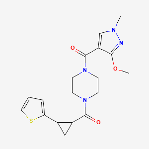 molecular formula C18H22N4O3S B2717850 (3-methoxy-1-methyl-1H-pyrazol-4-yl)(4-(2-(thiophen-2-yl)cyclopropanecarbonyl)piperazin-1-yl)methanone CAS No. 1207057-95-1