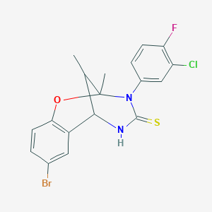 molecular formula C18H15BrClFN2OS B2717871 8-bromo-3-(3-chloro-4-fluorophenyl)-2,11-dimethyl-5,6-dihydro-2H-2,6-methanobenzo[g][1,3,5]oxadiazocine-4(3H)-thione CAS No. 1052604-89-3