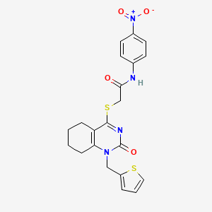 molecular formula C21H20N4O4S2 B2717930 N-(4-nitrophenyl)-2-((2-oxo-1-(thiophen-2-ylmethyl)-1,2,5,6,7,8-hexahydroquinazolin-4-yl)thio)acetamide CAS No. 899957-65-4