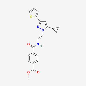molecular formula C21H21N3O3S B2717961 methyl 4-((2-(5-cyclopropyl-3-(thiophen-2-yl)-1H-pyrazol-1-yl)ethyl)carbamoyl)benzoate CAS No. 1797672-12-8