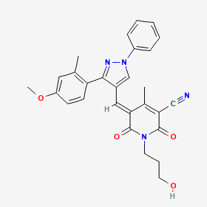 molecular formula C28H26N4O4 B2717963 (5E)-1-(3-hydroxypropyl)-5-{[3-(4-methoxy-2-methylphenyl)-1-phenyl-1H-pyrazol-4-yl]methylidene}-4-methyl-2,6-dioxo-1,2,5,6-tetrahydropyridine-3-carbonitrile CAS No. 956935-98-1