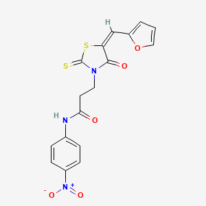 molecular formula C17H13N3O5S2 B2717988 3-[(5E)-5-(furan-2-ylmethylidene)-4-oxo-2-sulfanylidene-1,3-thiazolidin-3-yl]-N-(4-nitrophenyl)propanamide CAS No. 682783-71-7