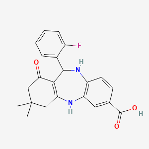 molecular formula C22H21FN2O3 B2718013 6-(2-fluorophenyl)-9,9-dimethyl-7-oxo-6,8,10,11-tetrahydro-5H-benzo[b][1,4]benzodiazepine-2-carboxylic acid CAS No. 1024514-99-5