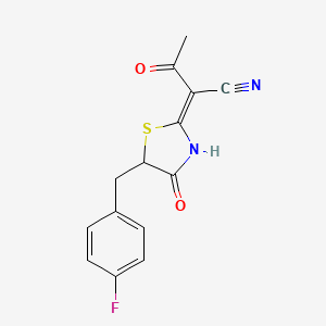 molecular formula C14H11FN2O2S B2718048 (Z)-2-(5-(4-氟苄基)-4-氧代噻唑烷-2-基亚甲基)-3-氧代丁二腈 CAS No. 799786-03-1