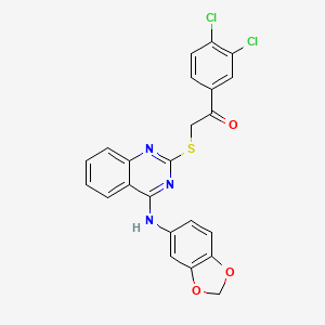 molecular formula C23H15Cl2N3O3S B2718080 2-[4-(1,3-苯并二噁-5-基氨基)喹唑啉-2-基]硫代基-1-(3,4-二氯苯基)乙酮 CAS No. 688355-97-7