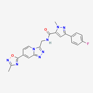 molecular formula C21H17FN8O2 B2718103 3-(4-fluorophenyl)-1-methyl-N-((7-(3-methyl-1,2,4-oxadiazol-5-yl)-[1,2,4]triazolo[4,3-a]pyridin-3-yl)methyl)-1H-pyrazole-5-carboxamide CAS No. 2034598-27-9