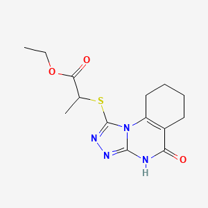 molecular formula C14H18N4O3S B2718107 乙酸-2-((5-氧代-4,5,6,7,8,9-六氢-[1,2,4]三唑并[4,3-a]喹唑啉-1-基)硫)丙酯 CAS No. 922081-33-2