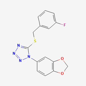 molecular formula C15H11FN4O2S B2718178 1-(1,3-Benzodioxol-5-yl)-5-[(3-fluorophenyl)methylsulfanyl]tetrazole CAS No. 353501-91-4