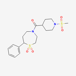 molecular formula C18H26N2O5S2 B2718183 (1,1-Dioxido-7-phenyl-1,4-thiazepan-4-yl)(1-(methylsulfonyl)piperidin-4-yl)methanone CAS No. 2034535-05-0