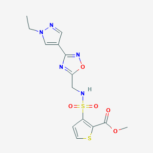 molecular formula C14H15N5O5S2 B2718224 甲基 3-(N-((3-(1-乙基-1H-吡唑-4-基)-1,2,4-噁二唑-5-基)甲基)磺酰基)噻吩-2-羧酸甲酯 CAS No. 2034333-25-8