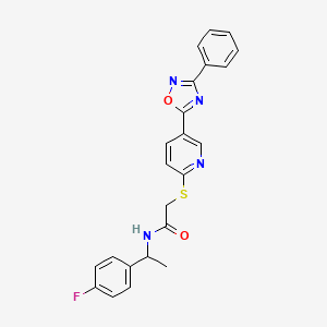 molecular formula C23H19FN4O2S B2718354 N-(1-(4-fluorophenyl)ethyl)-2-((5-(3-phenyl-1,2,4-oxadiazol-5-yl)pyridin-2-yl)thio)acetamide CAS No. 1251616-86-0