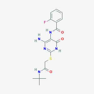 molecular formula C17H20FN5O3S B2718369 N-(4-amino-2-((2-(tert-butylamino)-2-oxoethyl)thio)-6-oxo-1,6-dihydropyrimidin-5-yl)-2-fluorobenzamide CAS No. 888421-09-8