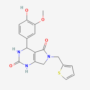 molecular formula C18H17N3O4S B2718395 4-(4-hydroxy-3-methoxyphenyl)-6-(thiophen-2-ylmethyl)-3,4,6,7-tetrahydro-1H-pyrrolo[3,4-d]pyrimidine-2,5-dione CAS No. 1172408-66-0
