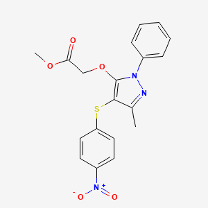 molecular formula C19H17N3O5S B2718423 methyl 2-({3-methyl-4-[(4-nitrophenyl)sulfanyl]-1-phenyl-1H-pyrazol-5-yl}oxy)acetate CAS No. 956158-96-6