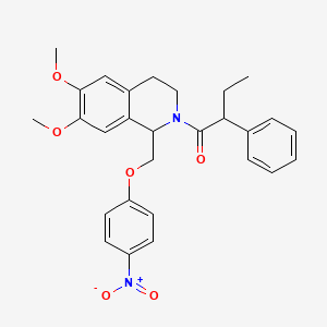 molecular formula C28H30N2O6 B2718471 1-(6,7-二甲氧基-1-((4-硝基苯氧基)甲基)-3,4-二氢异喹啉-2(1H)-基)-2-苯基丁酮 CAS No. 449765-67-7