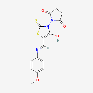 molecular formula C15H13N3O4S2 B2718476 1-{5-[(4-methoxyanilino)methylene]-4-oxo-2-thioxo-1,3-thiazolan-3-yl}dihydro-1H-pyrrole-2,5-dione CAS No. 400076-20-2