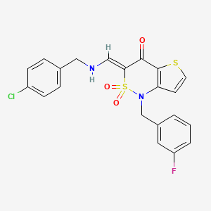 molecular formula C21H16ClFN2O3S2 B2718555 (3Z)-3-{[(4-chlorobenzyl)amino]methylene}-1-(3-fluorobenzyl)-1H-thieno[3,2-c][1,2]thiazin-4(3H)-one 2,2-dioxide CAS No. 894687-20-8