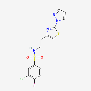 molecular formula C14H12ClFN4O2S2 B2718649 N-(2-(2-(1H-pyrazol-1-yl)thiazol-4-yl)ethyl)-3-chloro-4-fluorobenzenesulfonamide CAS No. 1448047-63-9