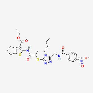 molecular formula C27H32N6O6S2 B2718650 ethyl 2-(2-((4-butyl-5-((4-nitrobenzamido)methyl)-4H-1,2,4-triazol-3-yl)thio)propanamido)-5,6-dihydro-4H-cyclopenta[b]thiophene-3-carboxylate CAS No. 393814-98-7