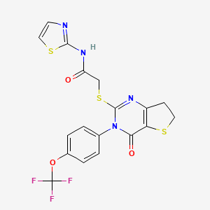 molecular formula C18H13F3N4O3S3 B2718688 2-((4-氧代-3-(4-(三氟甲氧基)苯基)-3,4,6,7-四氢噻吩[3,2-d]嘧啶-2-基)硫)-N-(噻唑-2-基)乙酰胺 CAS No. 877654-52-9