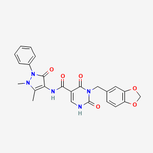 molecular formula C24H21N5O6 B2718709 3-(benzo[d][1,3]dioxol-5-ylmethyl)-N-(1,5-dimethyl-3-oxo-2-phenyl-2,3-dihydro-1H-pyrazol-4-yl)-2,4-dioxo-1,2,3,4-tetrahydropyrimidine-5-carboxamide CAS No. 1396785-20-8