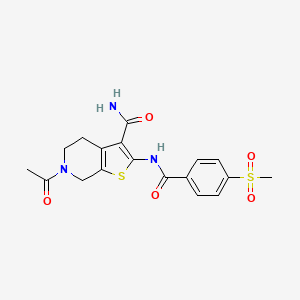 molecular formula C18H19N3O5S2 B2718715 6-Acetyl-2-(4-(methylsulfonyl)benzamido)-4,5,6,7-tetrahydrothieno[2,3-c]pyridine-3-carboxamide CAS No. 896347-17-4