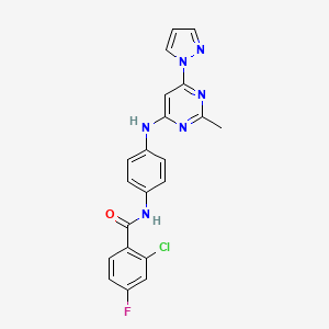 molecular formula C21H16ClFN6O B2718734 2-氯-4-氟-N-(4-((2-甲基-6-(1H-吡唑-1-基)嘧啶-4-基)氨基)苯基)苯甲酰胺 CAS No. 1173039-17-2