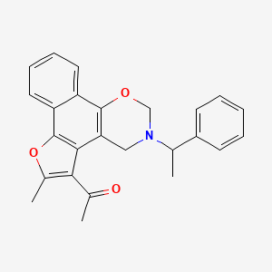 molecular formula C25H23NO3 B2718742 1-(6-methyl-3-(1-phenylethyl)-3,4-dihydro-2H-furo[3',2':3,4]naphtho[2,1-e][1,3]oxazin-5-yl)ethanone CAS No. 438486-84-1
