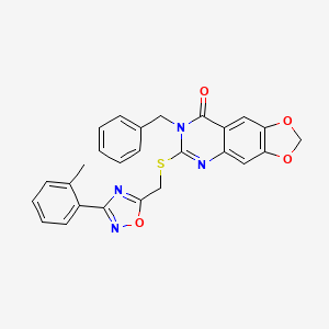 molecular formula C26H20N4O4S B2718748 7-benzyl-6-(((3-(o-tolyl)-1,2,4-oxadiazol-5-yl)methyl)thio)-[1,3]dioxolo[4,5-g]quinazolin-8(7H)-one CAS No. 1112012-64-2