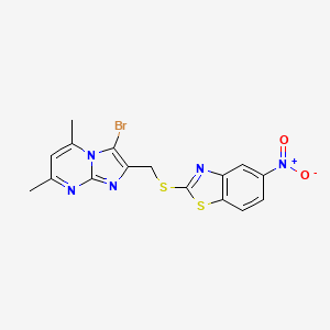 molecular formula C16H12BrN5O2S2 B2718822 2-(((3-Bromo-5,7-dimethylimidazo[1,2-a]pyrimidin-2-yl)methyl)thio)-5-nitrobenzo[d]thiazole CAS No. 328017-24-9