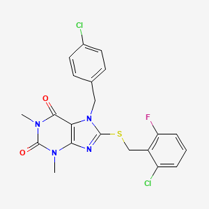molecular formula C21H17Cl2FN4O2S B2718830 7-(4-chlorobenzyl)-8-[(2-chloro-6-fluorobenzyl)sulfanyl]-1,3-dimethyl-3,7-dihydro-1H-purine-2,6-dione CAS No. 441316-89-8