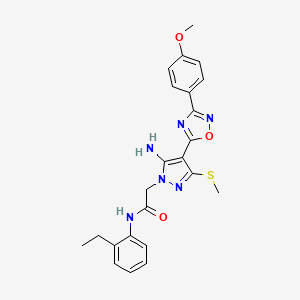 molecular formula C23H24N6O3S B2718906 2-(5-amino-4-(3-(4-methoxyphenyl)-1,2,4-oxadiazol-5-yl)-3-(methylthio)-1H-pyrazol-1-yl)-N-(2-ethylphenyl)acetamide CAS No. 1171543-42-2