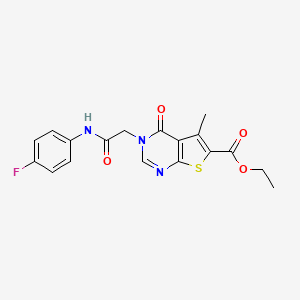molecular formula C18H16FN3O4S B2718920 Ethyl 3-[2-(4-fluoroanilino)-2-oxoethyl]-5-methyl-4-oxothieno[2,3-d]pyrimidine-6-carboxylate CAS No. 457910-56-4