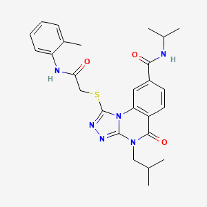 molecular formula C26H30N6O3S B2719010 4-isobutyl-N-isopropyl-1-({2-[(2-methylphenyl)amino]-2-oxoethyl}thio)-5-oxo-4,5-dihydro[1,2,4]triazolo[4,3-a]quinazoline-8-carboxamide CAS No. 1111237-53-6