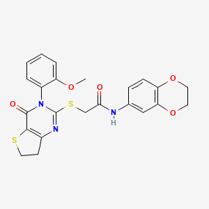 molecular formula C23H21N3O5S2 B2719052 N-(2,3-二氢-1,4-苯并二氧杂环己-6-基)-2-[[3-(2-甲氧基苯基)-4-氧代-6,7-二氢噻吩并[3,2-d]嘧啶-2-基]硫基]乙酰胺 CAS No. 686772-13-4