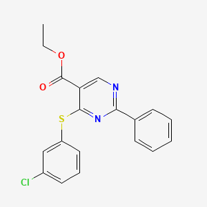 molecular formula C19H15ClN2O2S B2719187 Ethyl 4-[(3-chlorophenyl)sulfanyl]-2-phenyl-5-pyrimidinecarboxylate CAS No. 477854-54-9