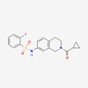 molecular formula C19H19FN2O3S B2719200 N-(2-(cyclopropanecarbonyl)-1,2,3,4-tetrahydroisoquinolin-7-yl)-2-fluorobenzenesulfonamide CAS No. 955713-30-1