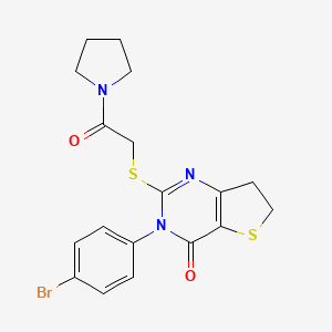 molecular formula C18H18BrN3O2S2 B2719208 3-(4-Bromophenyl)-2-(2-oxo-2-pyrrolidin-1-ylethyl)sulfanyl-6,7-dihydrothieno[3,2-d]pyrimidin-4-one CAS No. 362501-23-3