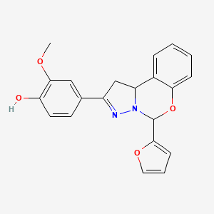 molecular formula C21H18N2O4 B2719284 4-(5-(furan-2-yl)-5,10b-dihydro-1H-benzo[e]pyrazolo[1,5-c][1,3]oxazin-2-yl)-2-methoxyphenol CAS No. 941941-97-5