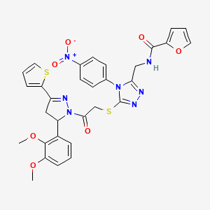 N-[[5-[2-[3-(2,3-dimethoxyphenyl)-5-thiophen-2-yl-3,4-dihydropyrazol-2-yl]-2-oxoethyl]sulfanyl-4-(4-nitrophenyl)-1,2,4-triazol-3-yl]methyl]furan-2-carboxamide