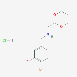 N-[(4-Bromo-3-fluorophenyl)methyl]-1-(1,3-dioxan-2-yl)methanamine;hydrochloride