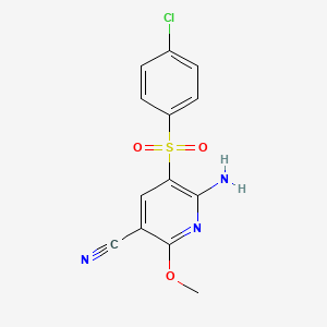 molecular formula C13H10ClN3O3S B2719376 6-Amino-5-((4-chlorophenyl)sulfonyl)-2-methoxynicotinonitrile CAS No. 338774-43-9